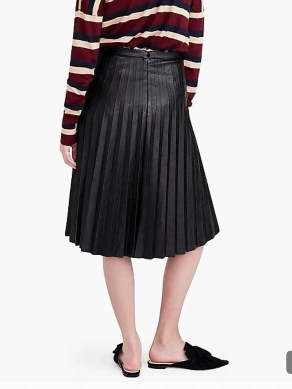 J. Crew Black Pleated Faux Leather Midi Skirt, Size 10, NWT